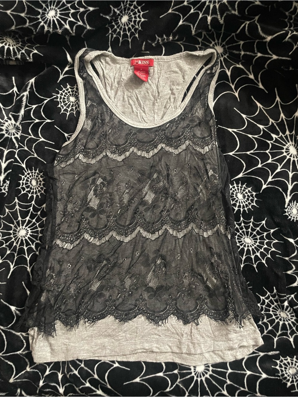 Kiss Black Lace Overlay Gray Tank Top
